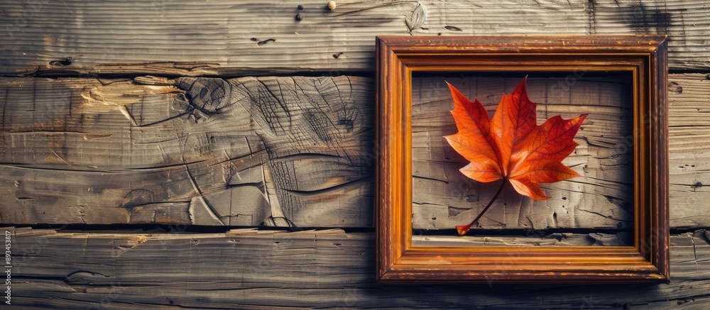 Poster fall season depicted with an empty photo frame artificial maple leaf on wooden table symbolizing aut