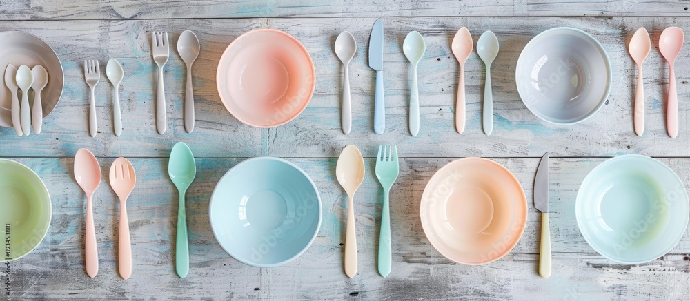 Poster pastel plastic tableware consisting of empty bowls spoons knives and forks arranged on a gray wooden