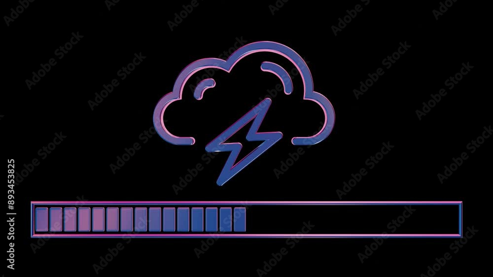 Poster neon cloud computing icon with loading bar on black background