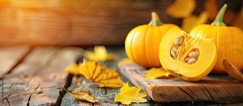 Leinwandbilder beautiful yellow pattison displayed on wooden table boards a healthy and delicious autumn vegetable 