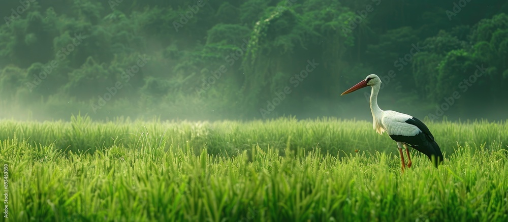 Poster a stork caught in the moment of a triumphant hunt on a lush green field perfect for a copy space ima