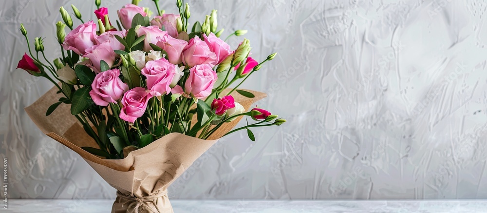 Poster copy space image of a lovely arrangement with pink eustoma and lisianthus in kraft wrapping against 
