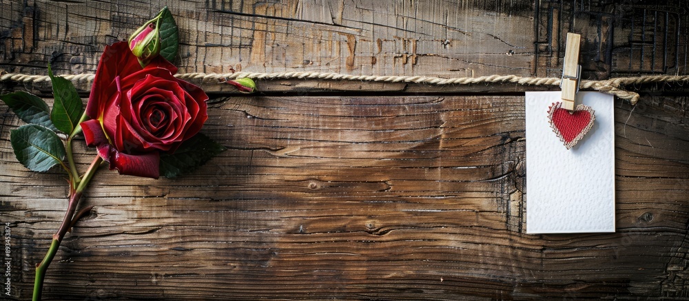 Poster Valentine s Day card mockup with a rose and a heart attached by a clothespin on a rustic wooden background displaying a happy lovers day message including copy space for added elements in a horizonta