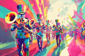 A lively illustration of a marching band with colorful uniforms and musical instruments.