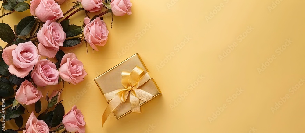 Aufkleber a stunning display of pink roses and a gold gift box with a bow set on a gentle yellow paper backgro