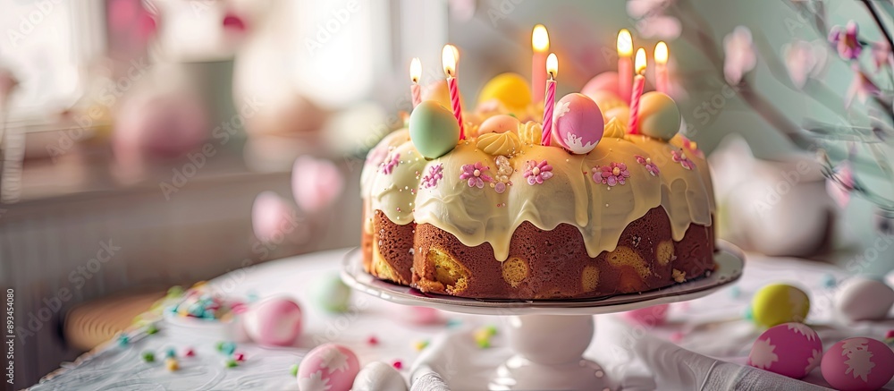 Poster A festive Easter cake with egg shaped candles is displayed on a stand on a white tablecloth The image is horizontally oriented with selective focus and offers copy space