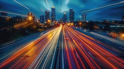 Timelapse of highway traffic with city skyline in the background. The long exposure captures the dynamic light trails of vehicles. A modern urban landscape. Generative AI.