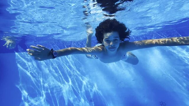 Slow motion video of happy boy of 10 years old diving and playing in the water of a swimming pool in the summer, blue water, smiling, and funny way.	