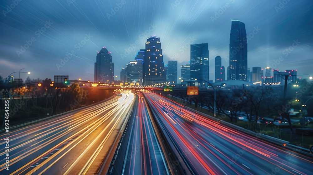 Aufkleber timelapse of highway traffic with city skyline in the background. the long exposure captures the dyn