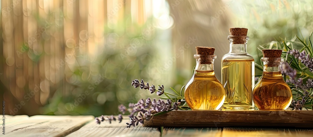 Aufkleber Esthetic oils and bottles in an image with space for adding text or graphics. with copy space image. Place for adding text or design