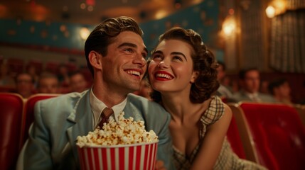 Vintage Styled Couple in Cinema with Shared Popcorn Enjoying a Romantic Date - Concept of Retro Romance and Nostalgic Entertainment