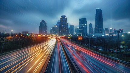 Fototapeta premium Timelapse of highway traffic with city skyline in the background. The long exposure captures the dynamic light trails of vehicles. A modern urban landscape. Generative AI.