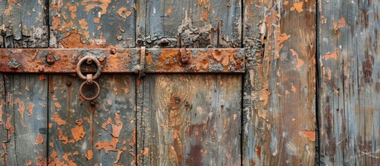 A weathered closed metal door with rust creating an aged and rustic appearance suitable for images with copy space