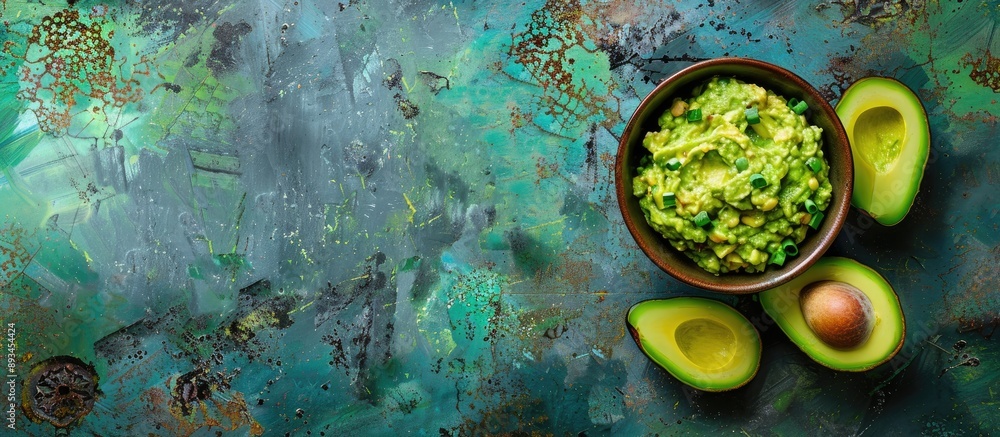 Aufkleber Avocado half and guacamole in a bowl on a vintage background viewed from the top with space for text or images. with copy space image. Place for adding text or design