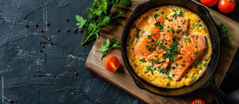 Poster top down shot of a breakfast dish comprising salmon omelet in cast iron with sour cream sauce comple