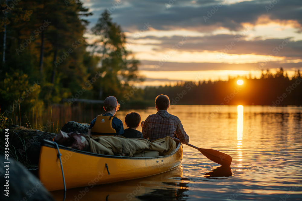 Wall mural Family enjoying lake activities while camping