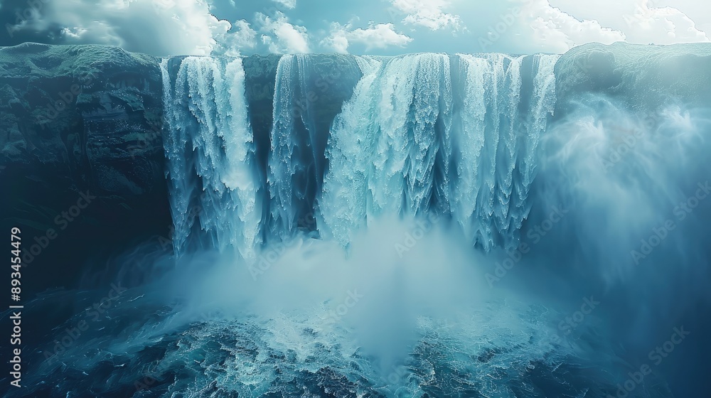 Poster A huge waterfall falling from the sky, creating a strong visual impact. Generative AI.