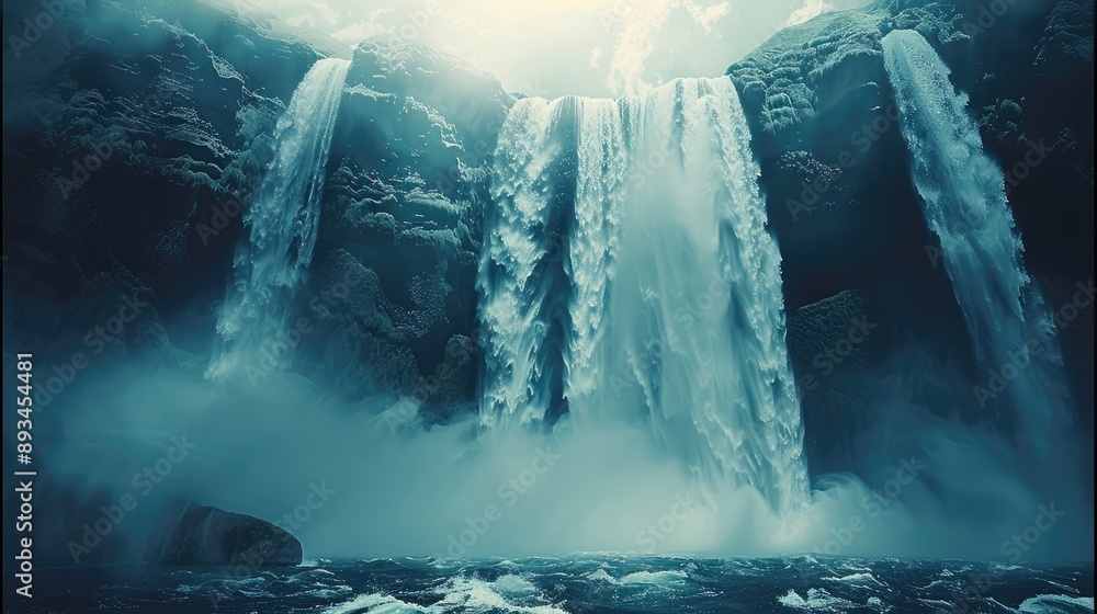 Poster A huge waterfall falling from the sky, creating a strong visual impact. Generative AI.