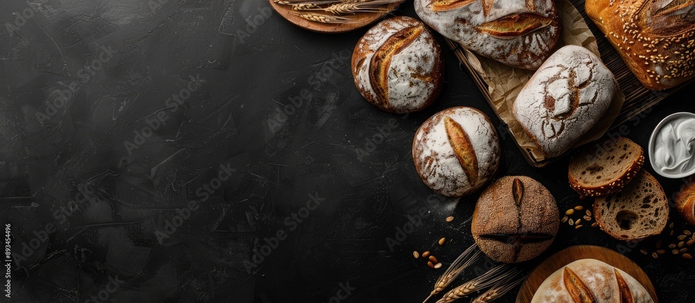 Poster beautiful bread assortment displayed with a dark background in a top view copy space image