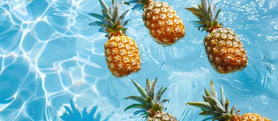 Fototapeta premium Fresh ripe organic pineapples floating in water in a swimming pool suitable for a healthy diet with a copy space image
