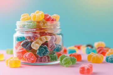 A colorful and vibrant display of assorted cannabis gummies in a clear glass jar, set against a bright, cheerful background, ideal for edible product showcases