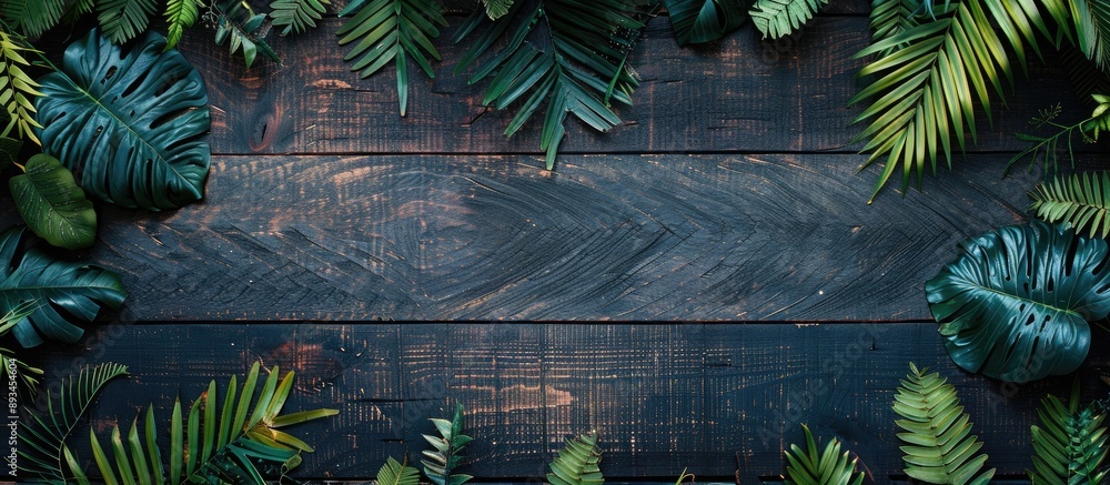 Poster top down view of dark toned wooden backdrop with tropical foliage creating space for graphics or tex