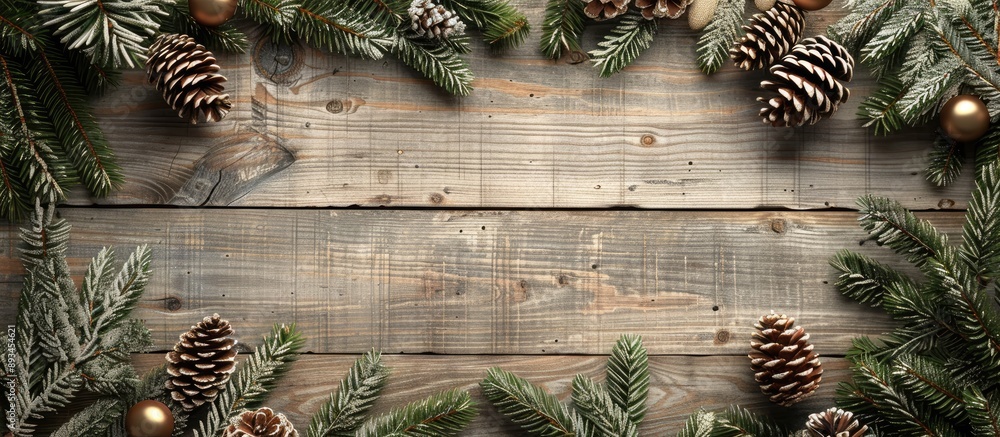 Poster blank for design there are toys fir branches cones and garlands on a wooden backdrop in the copy spa