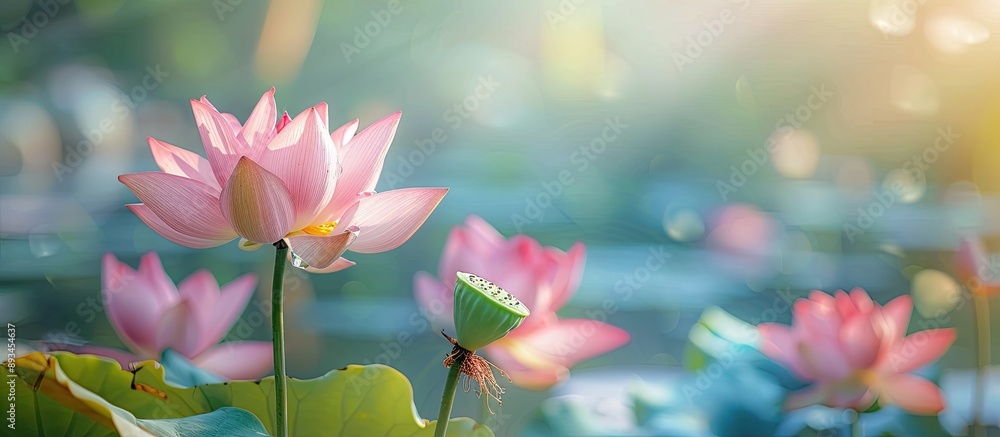 Poster a stunning pink lotus with copy space image set against a backdrop of pink lotus flowers and a yello