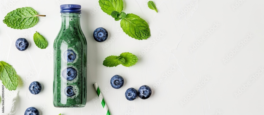 Poster a bottle of spirulina smoothie with blueberries mint leaves and a straw placed on a white background