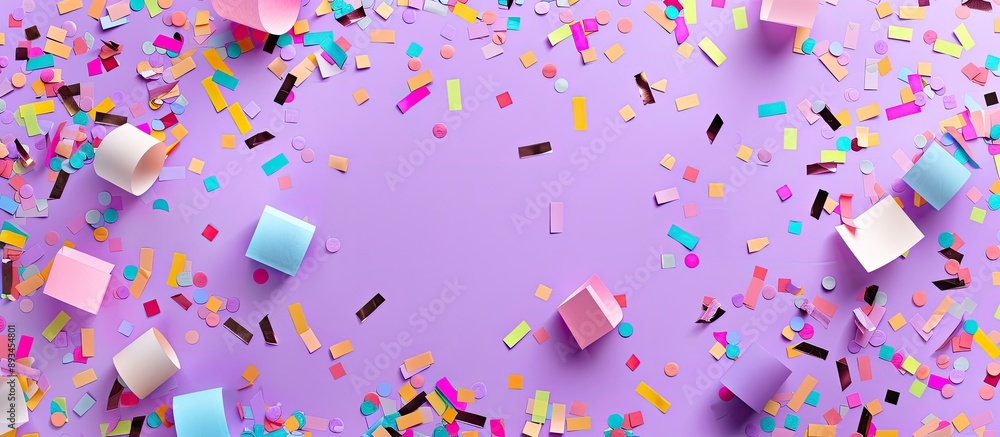 Poster Purple pastel paper adorned with colorful confetti creates a festive geometric background perfect for both party decor and project visuals in a flat lay top view image with ample copy space