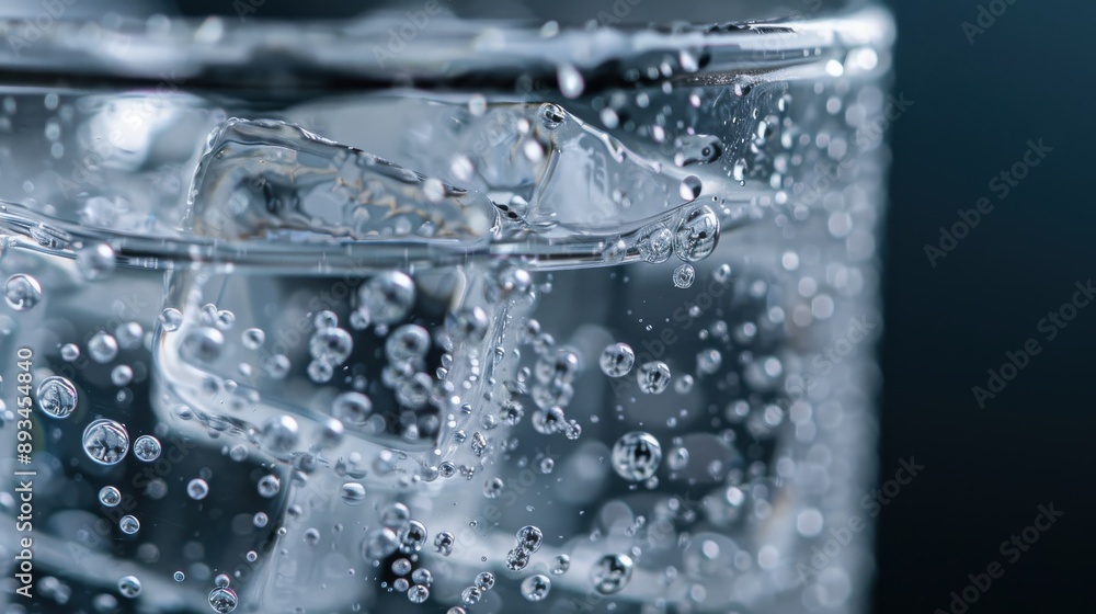 Poster a macro shot of ice cubes fizzing in a glass of water, with bubbles rising to the surface, symbolizi