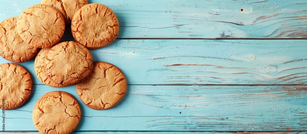 Poster light blue wooden planks backdrop featuring ginger cookies with ample copy space image