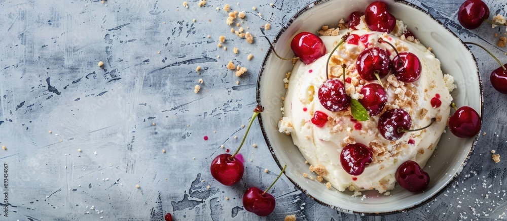 Poster selective focus on crumbled cherry dessert served with vanilla ice cream in a top view copy space im