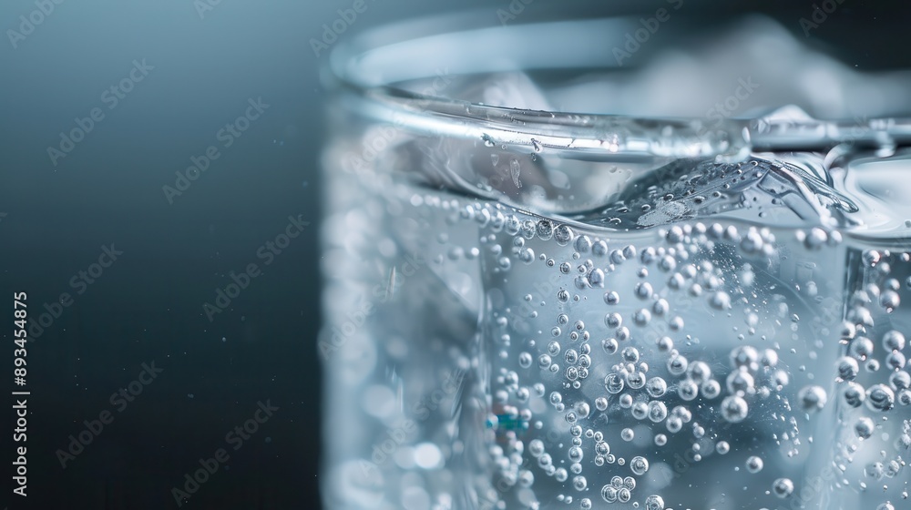 Poster a detailed close-up shot showcasing a refreshing glass of sparkling water filled with ice cubes and 