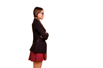 Profile side view photo of cute lovely concentrated lady millennial ready work worker job pensive minded thougtful isolated eyewear eyeglasses trendy stylish clothing black jacket bright background