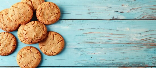 Fototapeta premium Light blue wooden planks backdrop featuring ginger cookies with ample copy space image