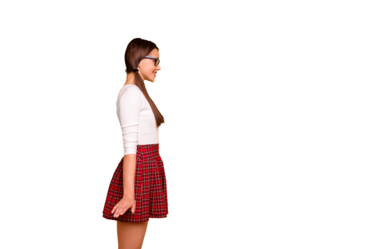 Profile side view portrait of her she nice-looking sweet attractive lovely cheerful cheery girl wearing uniform standing straight isolated over bright vivid shine yellow background