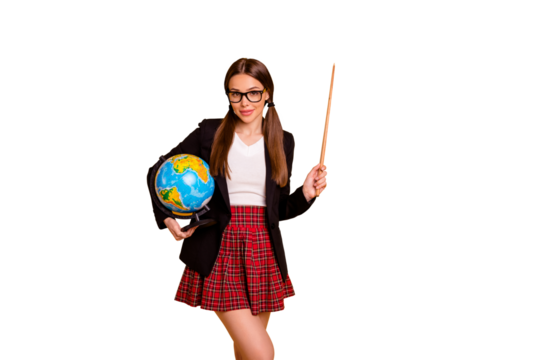 Portrait  nice lady expert hold hand campus graduate eyewear eyeglasses pigtail ponytail red skirt earth planet subject country continent black jacket checked plaid tails isolated yellow background