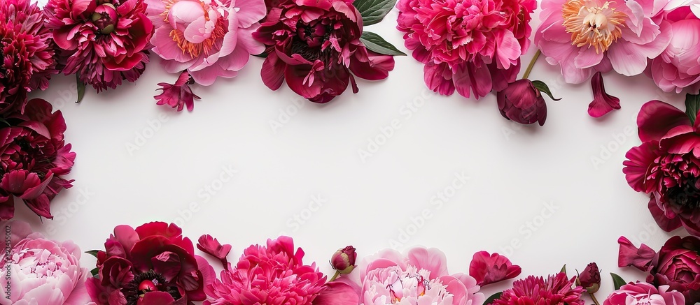Poster top view of a horizontal frame with a lovely display of burgundy pink peonies on a white background 