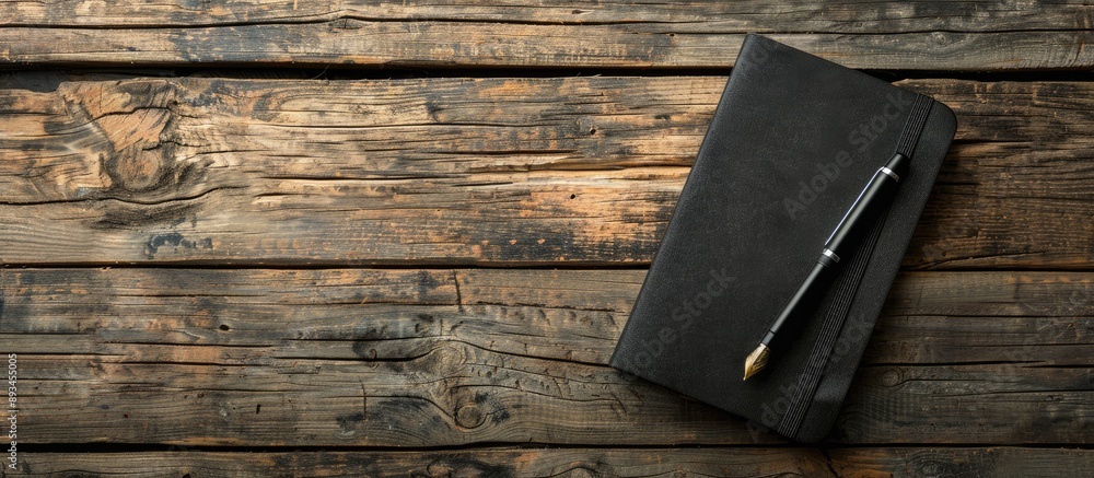 Poster wooden background with a black notebook and pen offering ample copy space image