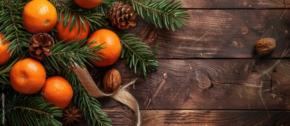 Poster tasty festive tangerines on a tree branch on a wooden background ideal for a copy space image