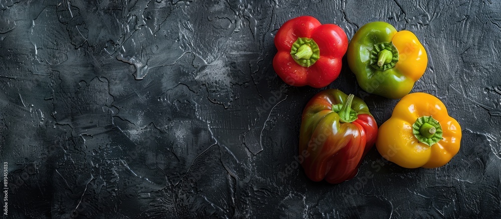 Fototapete peppers displayed on a black table with copy space image for added detail