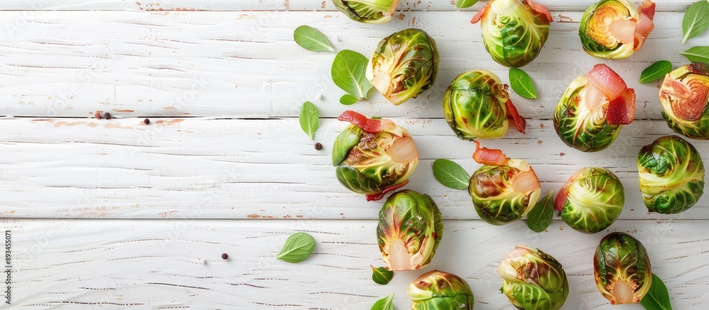 Poster flat lay of bacon topped brussels sprouts on white wooden surface featuring copy space image
