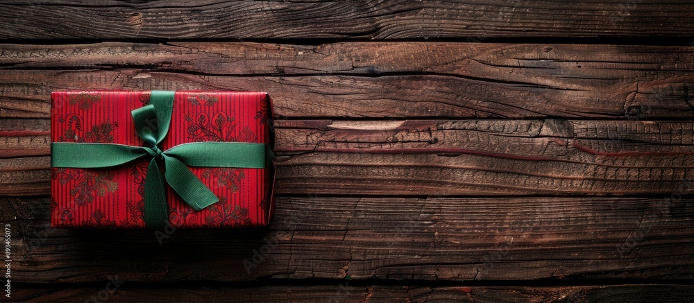 Poster A solitary red gift box with a festive green ribbon displayed on a rustic wooden backdrop with ample copy space image