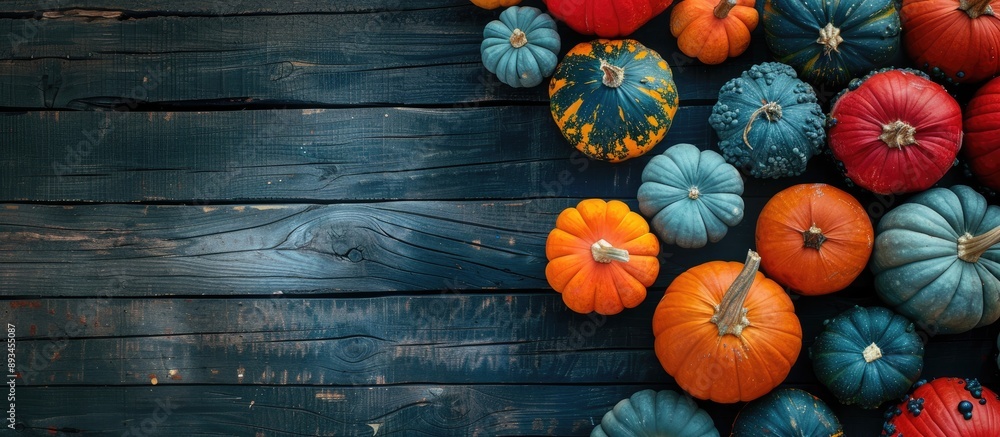 Poster colorful pumpkins on a rustic dark wooden backdrop from above suitable for halloween or thanksgiving