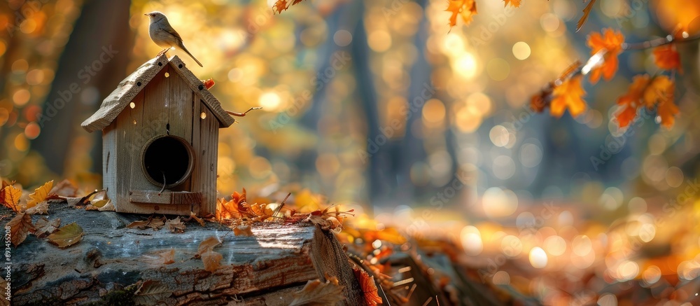 Aufkleber autumn park setting with a birdhouse placed on a pine trunk for a picturesque copy space image