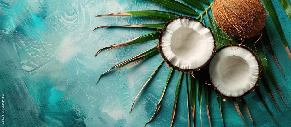 Aufkleber coconut halved over palm leaf with copy space image