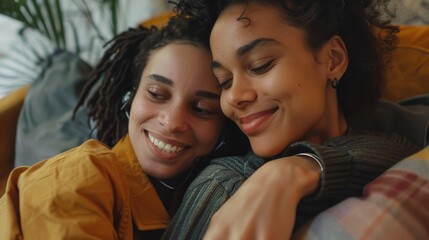 Two women relaxing on a sofa, possibly friends or partners