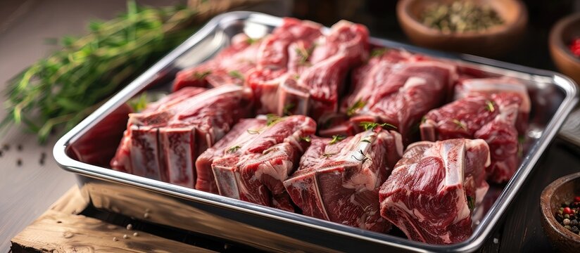 A stainless pan displays a high quality Japanese ox tail showcasing its freshness on a copy space image
