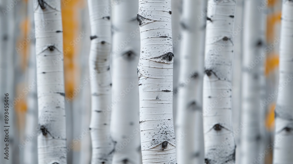 Poster detailed close-up view of white birch tree trunks, showcasing the unique textures and eye-like patte